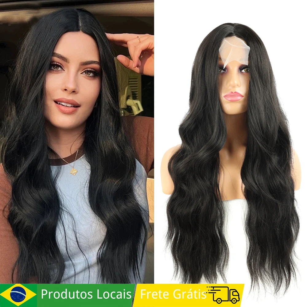 Peruca 4x6 Lace Ondulada Wig Fibra Orgânica Premium Cacheado Long Varias Cores Fácil Uso Diário “FAB”-MODA + Touca Wig Cap