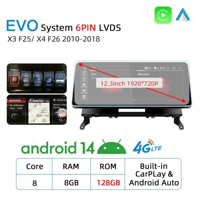 12,3 Inch NIEUW ID8 Android 14 Carplay Touchscreen voor BMW X3 F25 X4 F26 Autostereo Autoradio Multimedia Speler Navi 4G WIFI DSP