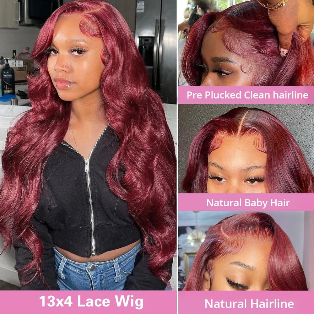 Wig Burgundy Rambut Asli 200% Density 13x4 99j Body Wave Lace Front Wig Rambut Asli Pre Plucked Wig Pendek untuk Wanita Tanpa Lem