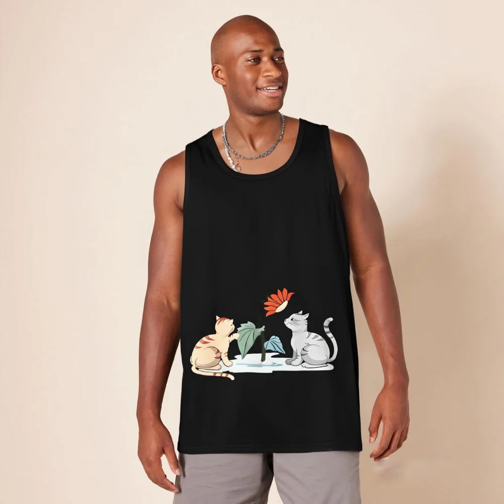 

Summer America Style Tank Top Casual Fashion Sleeveless Top Adorned With Cute Cats and Flower Motif Versatile Daily Tee