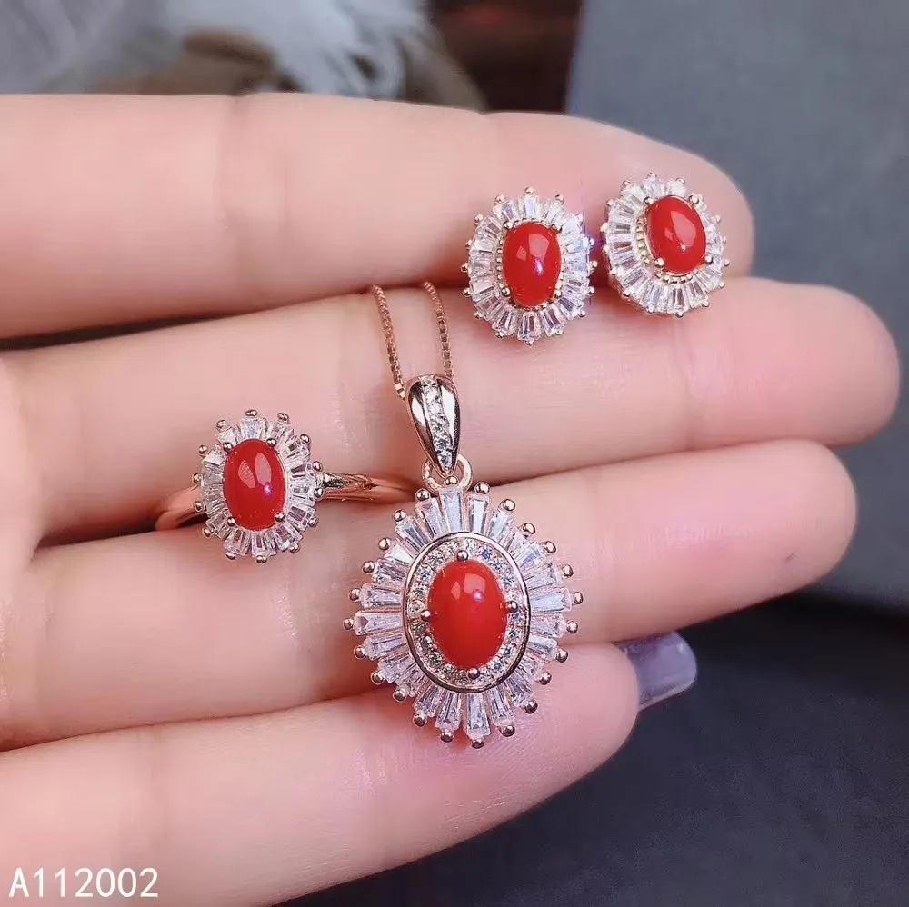 

Boutique Jewelry Girls' Natural Red Coral Pendant Necklace Ring Earnail Set 925 Pure Silver Plated Rose Gold Gift for Girlfriend