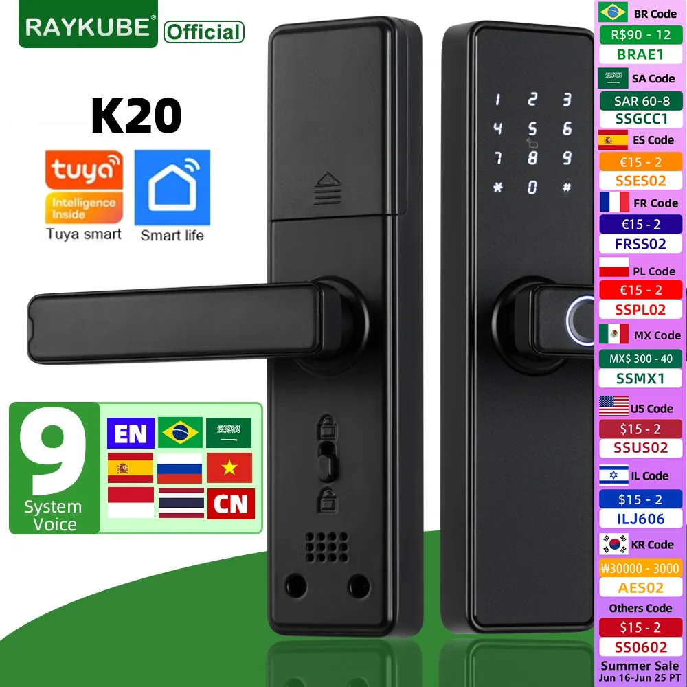 

RAYKUBE K20 Tuya Bluetooth 9-language Fingerprint Door Lock Electronic Door Lock with Tuya /IC Card/Password/ Key Unlock