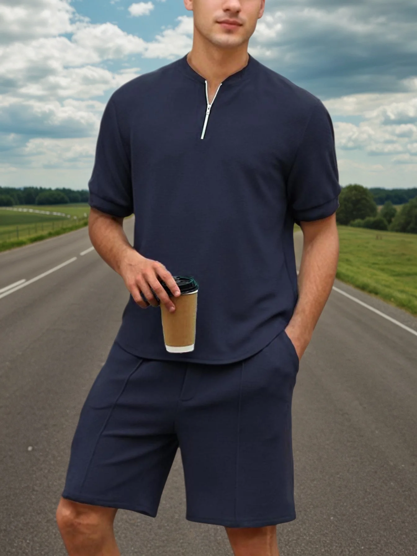 Conjunto de 2 peças masculino casual com zíper de quarto polo camiseta e shorts conjunto atlético jogging agasalho de verão