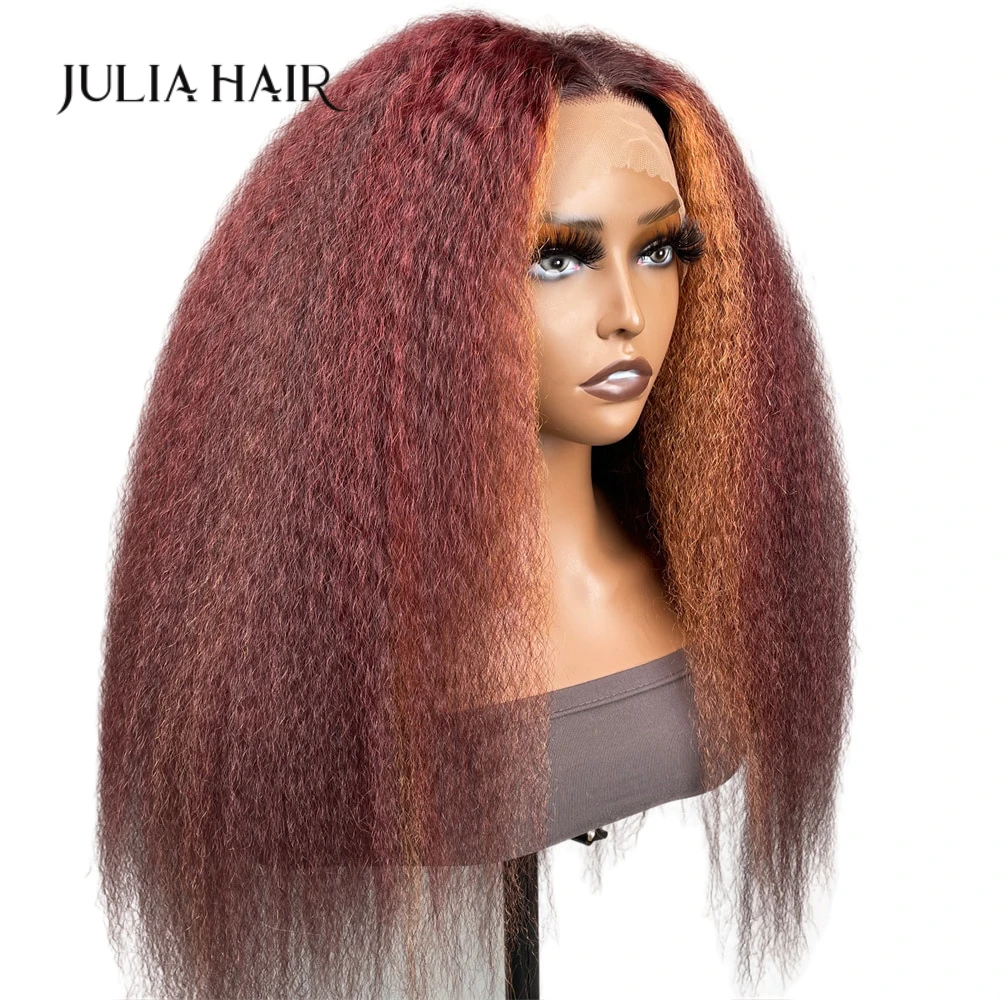 Julia Hair Colorful Lace Front Wig Orange Burgundy Red Multi Color Kinky Straight Human Hair Wigs Colored Density 200% Baby Hair