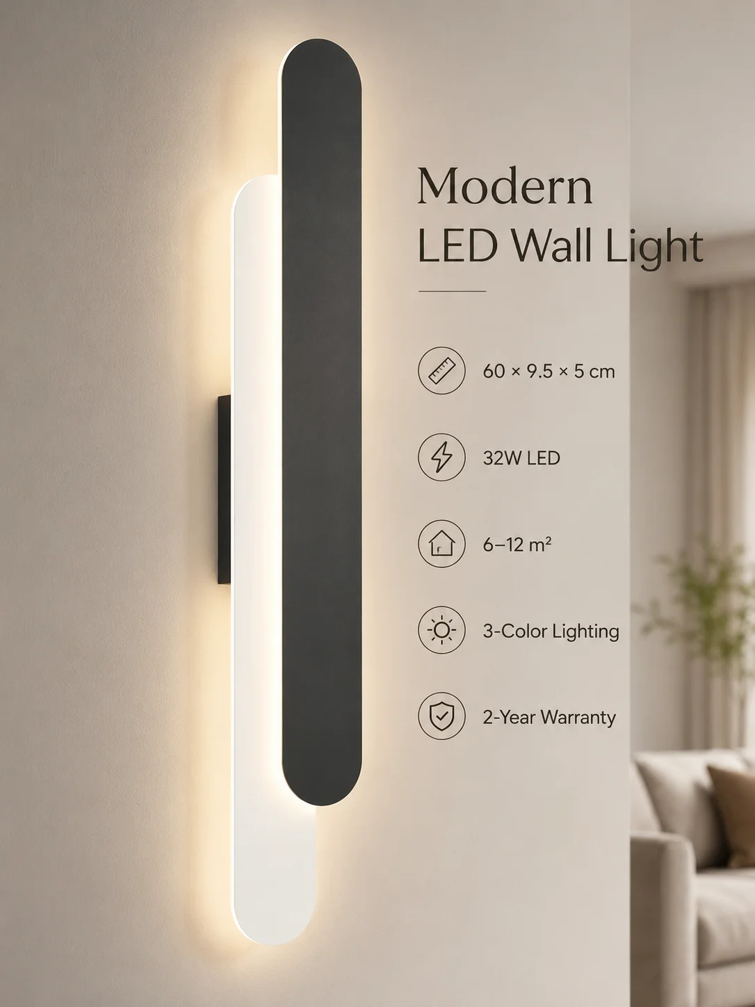 Modern Long LED Wall Sconce, Black Metal Linear Wall Light, Minimalist Vertical Wall Lamp for Bedroom Bedside Living Room Corrid