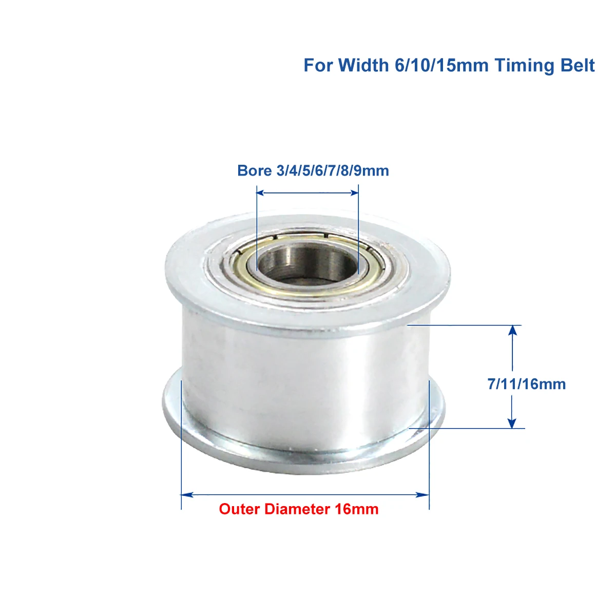 

Outer Dia 16mm Idler Timing Pulley For Width 6/10/15mm Timing Belt Bearing Idler Gear Pulley Without Teeth 3/4/5/6/7/8/9mm Bore