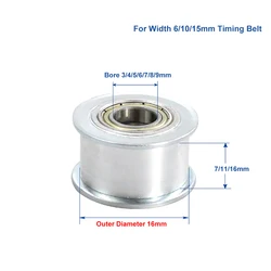 Outer Dia 16mm Idler Timing Pulley For Width 6/10/15mm Timing Belt Bearing Idler Gear Pulley Without Teeth 3/4/5/6/7/8/9mm Bore