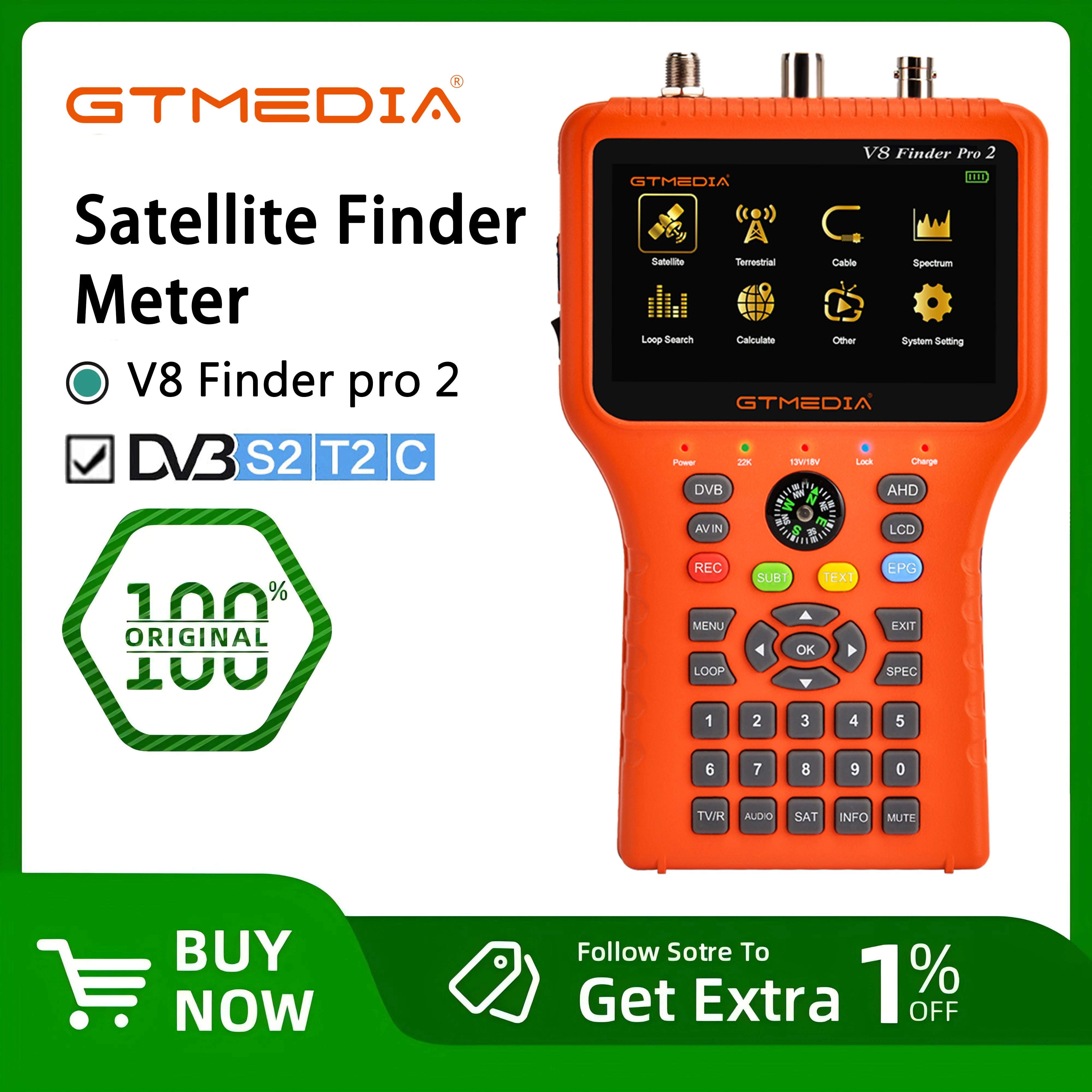 GTMEDIA V8 Finder Pro 2 Satellite Finder Meter DVB-S2/T2/Cable 4.3 Inch LCD Display 1080P,Type-c Port Satfinder