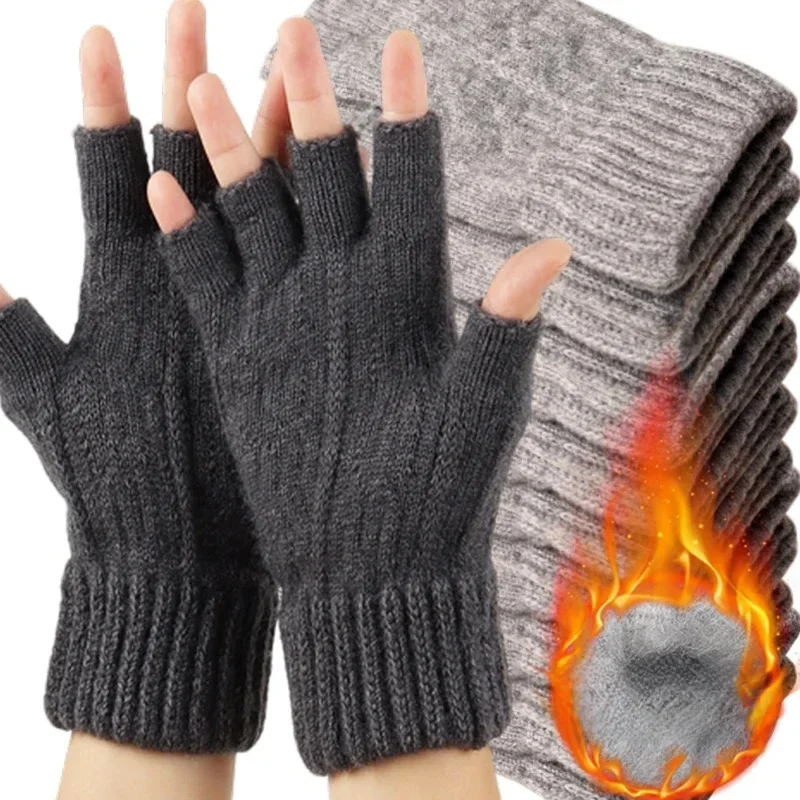AliExpress Winter Gloves For Men Half Finger Writting Office Cycling Knitted Gloves Students Alpaca Wool Warm Thick Elastic Driving Gloves