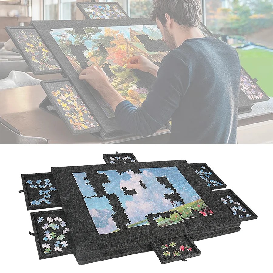 Planche à puzzle portable en feutre 77x54x4cm - Pliable, antidérapante avec support, housse de protection et 6 tiroirs de rangement pour puzzles et fournitures d'artisanat