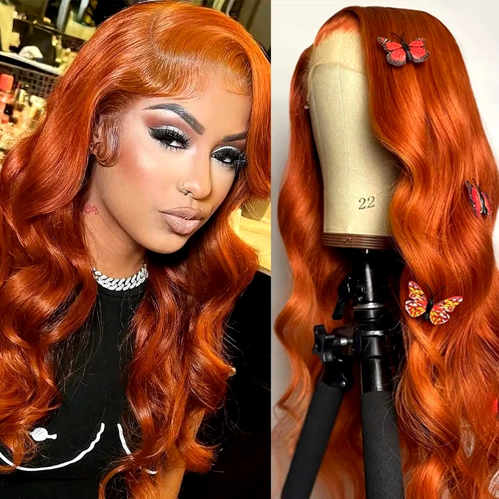 200% Density Full 13x6 Lace Front Wigs Human Hair Orange Ginger 13x6 Body Wave HD Transparent Lace Frontal Wigs for Women