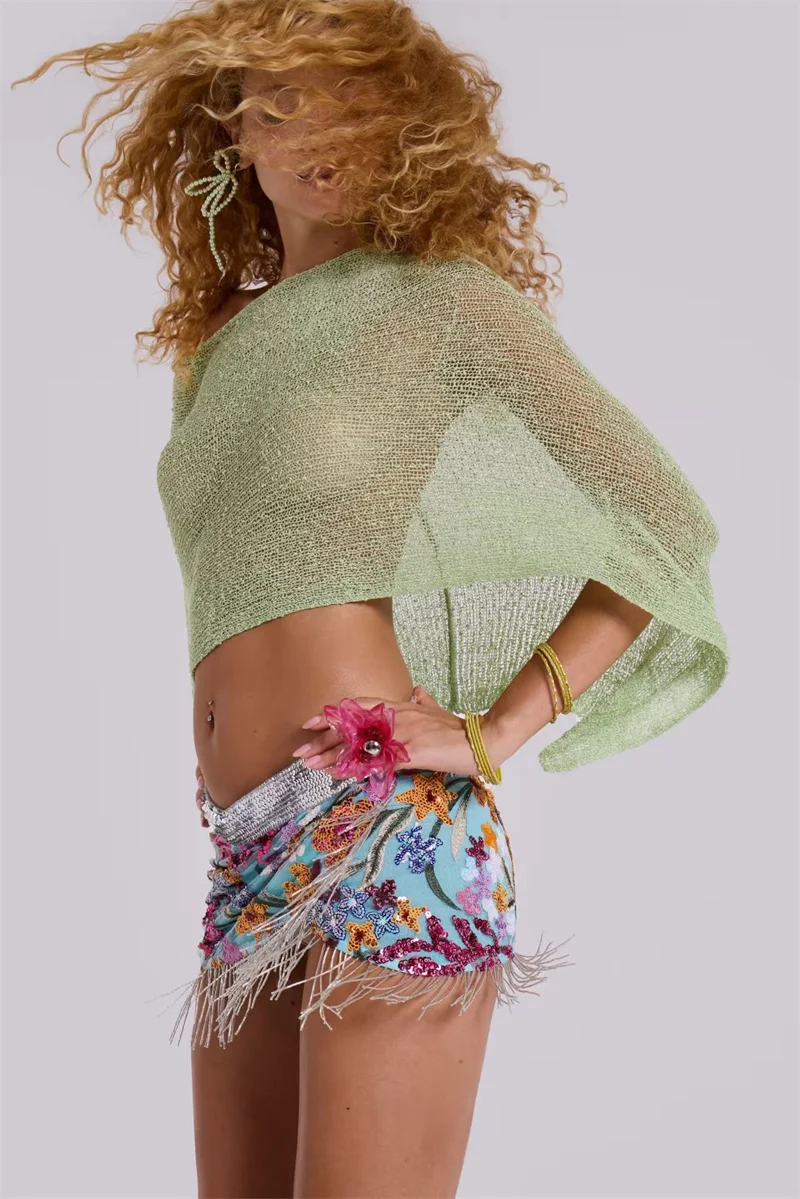 Blusa de punto transparente para mujer, Top corto, Bikini Sexy de ganchillo transparente, protector solar, chal, capa, traje de baño, suéter fino, Blusa