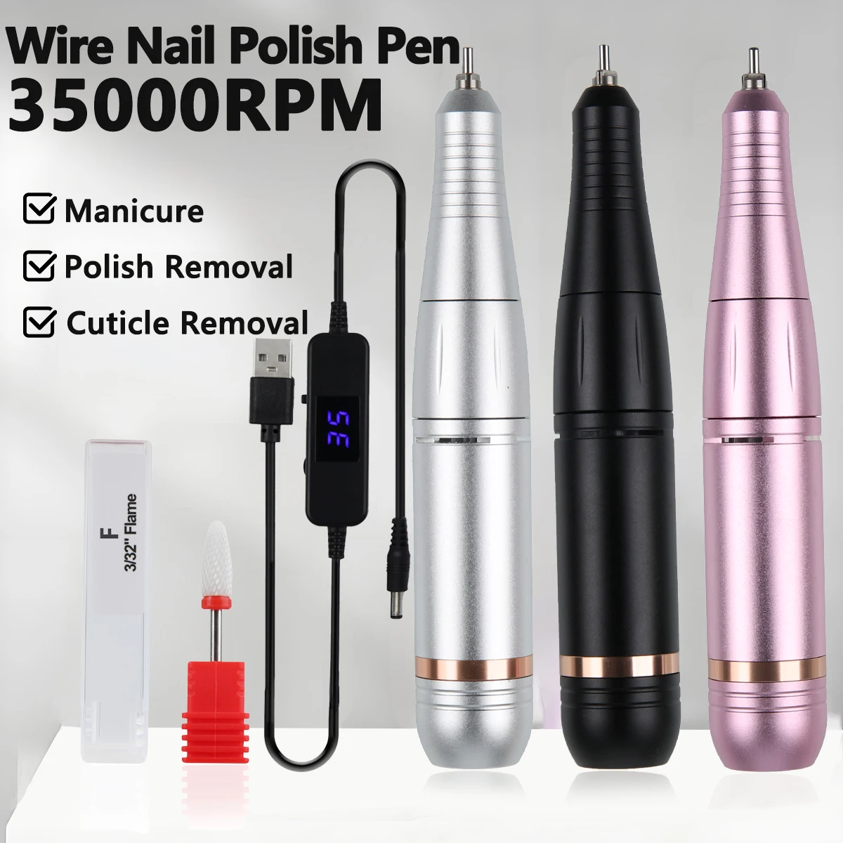 

USB Electric Nail Drill Pen for Acrylic Nail Kit,Portable Electric Nail File Polishing Tool Manicure Pedicure Kitfor Home Salon