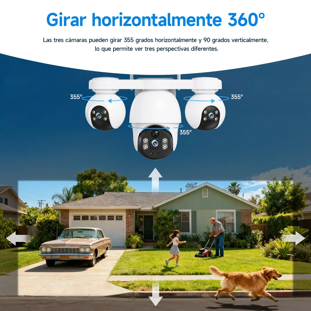 Cámara de seguridad solar V380 Pro 4K con tres lentes, cámara de vigilancia inalámbrica para exteriores con WiFi y 4G, detección de movimiento PIR, resistente al agua.