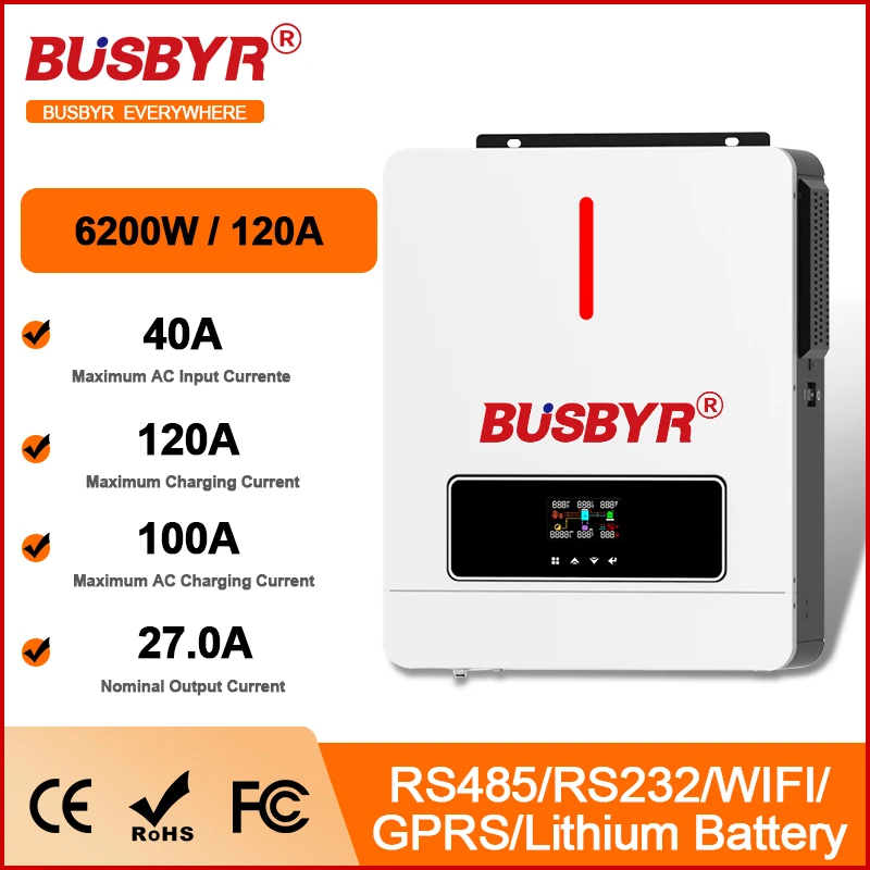 BUSBYR-inversor solar híbrido de onda senoidal pura com suporte Wi-Fi, carregador solar MPPT 120A, 24V 48V 230V 4.2KW 6.2KW