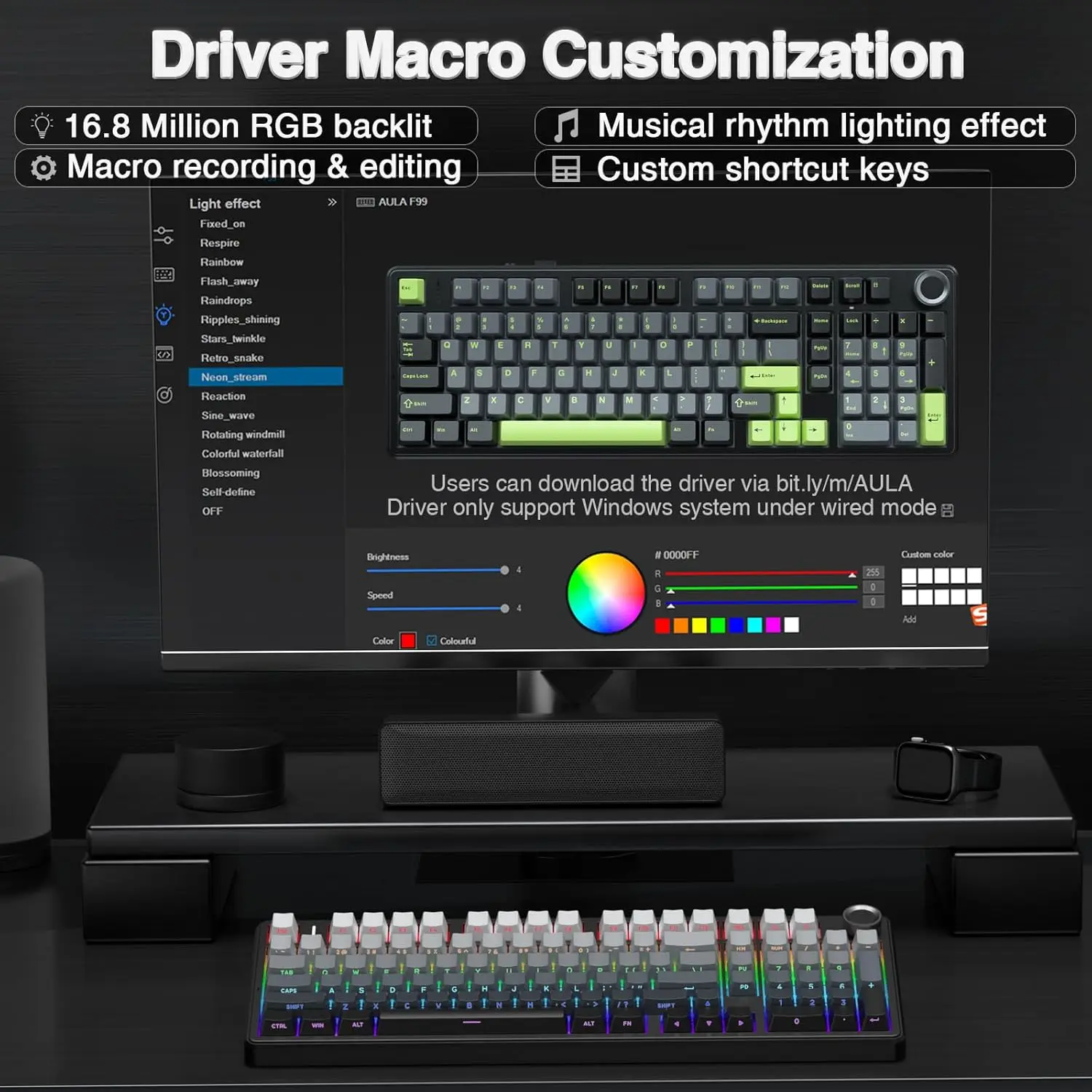 Teclado Mecánico para Juegos AULA F99 Pro, 99 Teclas, Tres Modos Inalámbricos, Estructura de Junta Intercambiable en Caliente, Teclado Personalizado con Perilla Multimedia 7