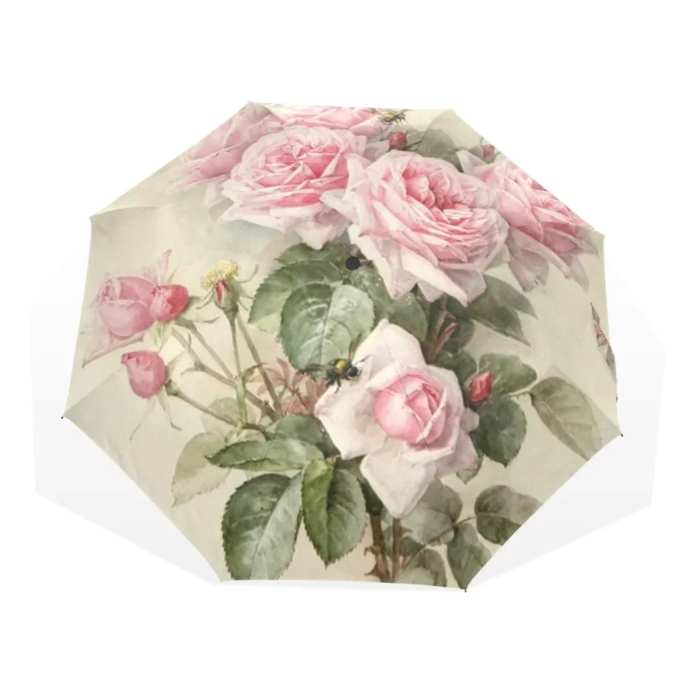 Vintage Shabby kwiatowy Print kobiety parasol przeciwdeszczowy Chic Pink Rose potrójne Girl trwały przenośny parasol automatyczny Parapluie — zdjęcie 2