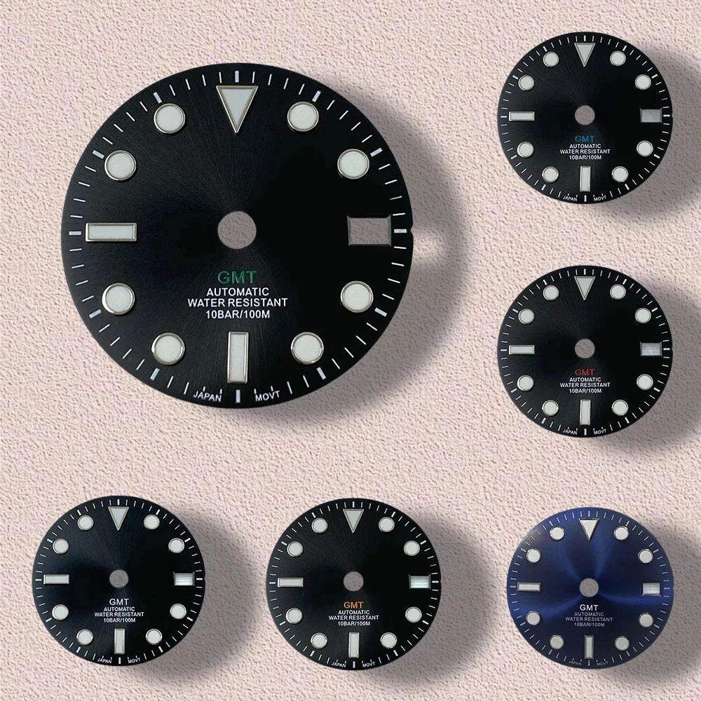 

28.5mm GMT S Logo Sunburst Dial Fit NH34 Movement Green Luminous High-Quality Dial Watch Modification Accessories 3/3.8/4O'clock