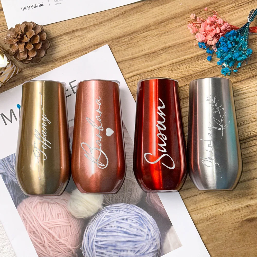 Custom Name Metallic Finish Stemless Champagne Flute Tumbler, Vacuum Stainless Steel Cup with Lid, Party Bar Cold Drinkware.