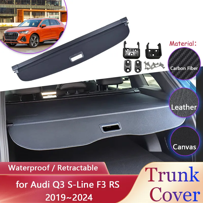 Car Trunk Curtain for Audi Q3 S-Line F3 RS 2019~2024 Waterproof Retractable Luggage Rack Cargo Pad Partition Covers Accessories