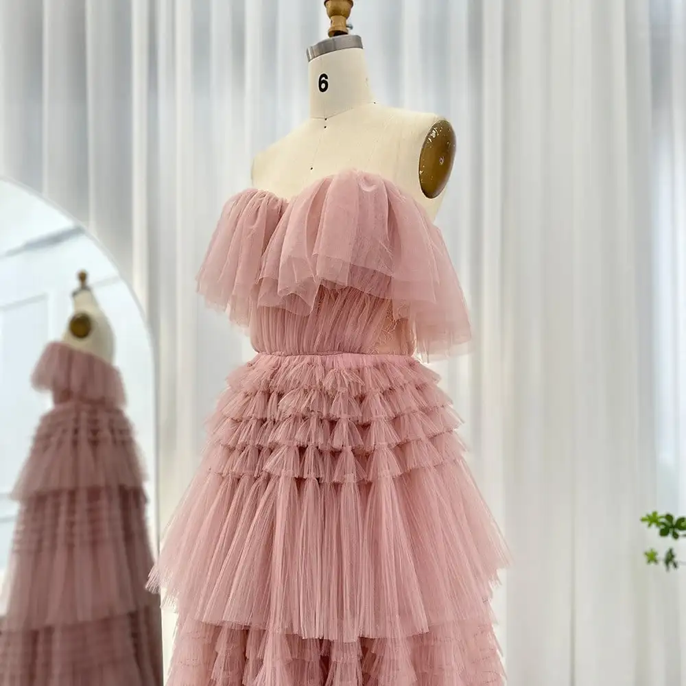 Sexy Strapless Tulle Tiered Evening Dress Gorgeous A Line Blush Pink Princess Sweep Train Prom Dresses vestidos verano moda 2024