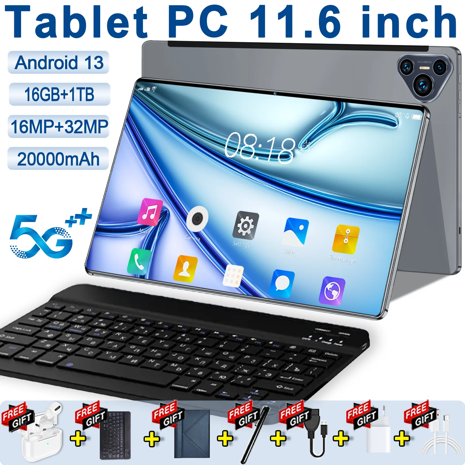 2024 5G New Tablet 11.6 inch Network Android 13.0 Tablet 16GB RAM 1TB ROM 16MP+32MP 14 Core 20000mAh 4 5G Wifi Tablet