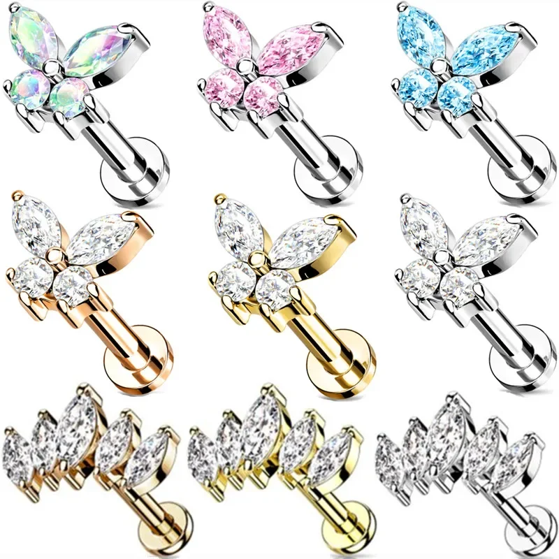 1 sztuk motyl Labret Piercing wargi Stud klaster kryształowy kolczyk Tragus płaskie kolczyki na chrząstkę cyrkon Lip Piercing biżuteria — zdjęcie 2