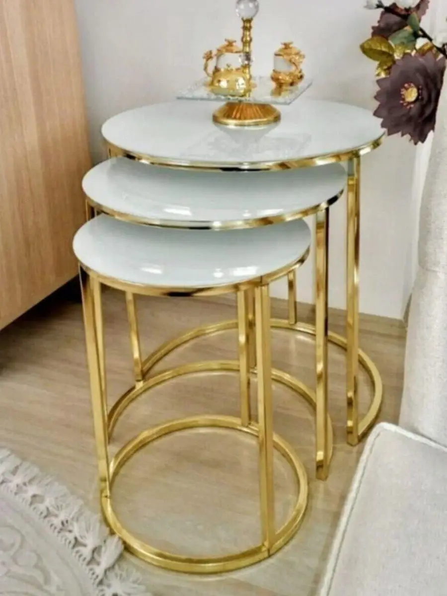 Decorative White Glass Gold Metal Nesting Table Set of 3 Luxury Modern Nordic Design Coffee Table Furniture Set for Living Room