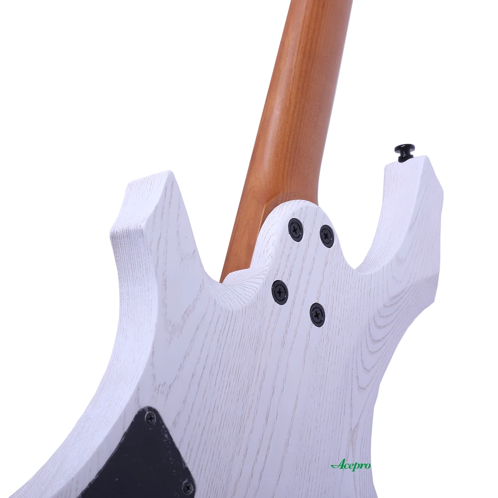 Satin White Headless Electric Guitar, Jumbo Stainless Steel Oblique Frets,Ash Body, Roasted Maple Neck,Reinforcement in the Neck