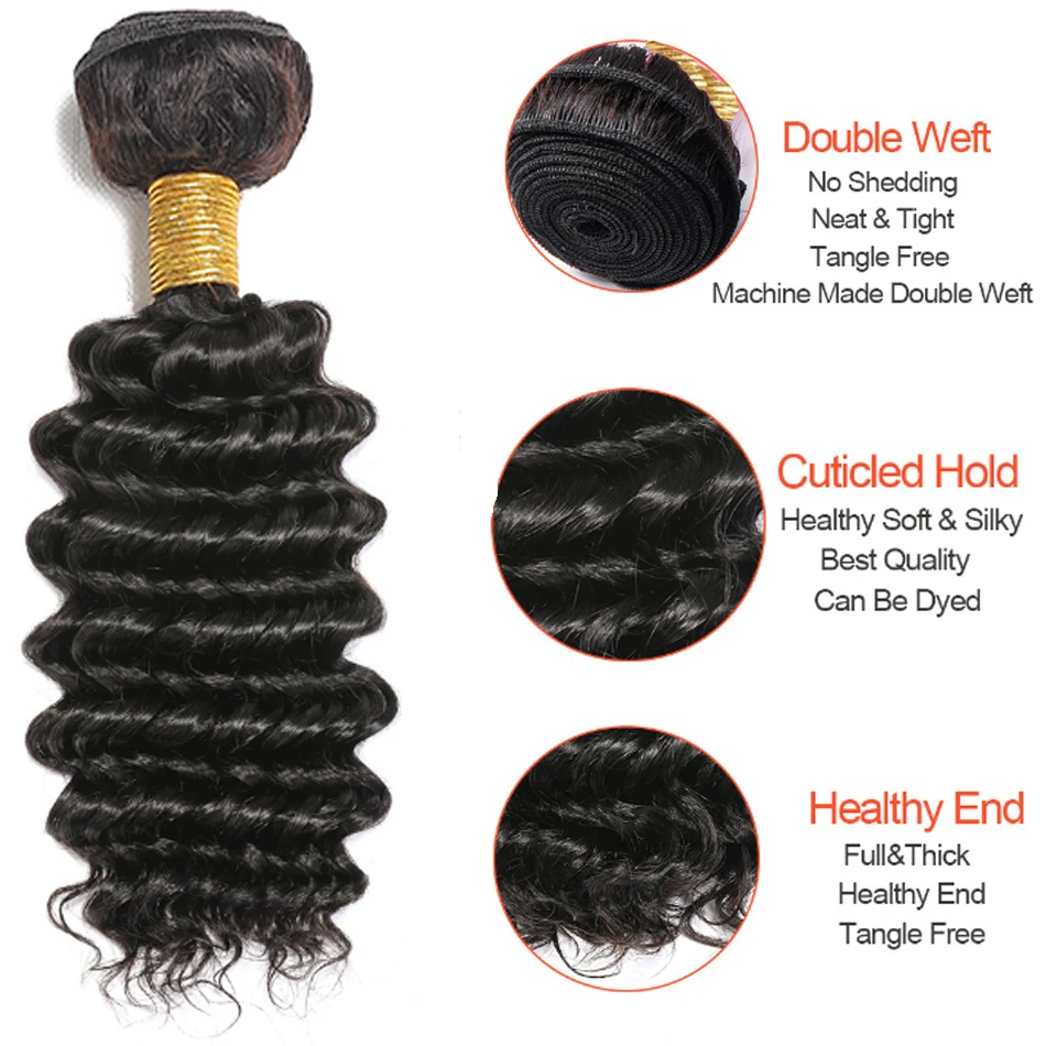 Bundles Deep Wave Extension de tissage de cheveux humains brésiliens, 100% Remy Hair Extensions, Kinky Curly Backing, 12A