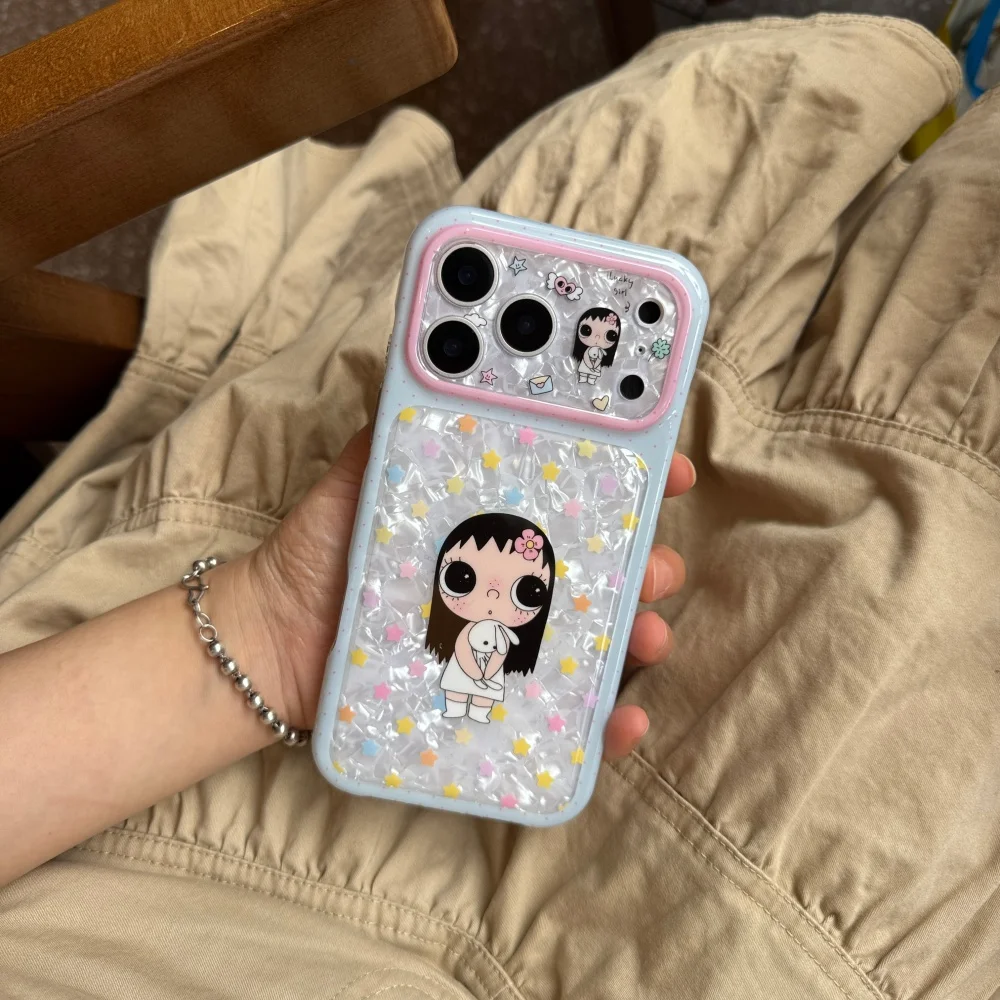 Kawaii Cartoon Bunny Girl Yuyu Printed Glitter Phone Case For iPhone 17 Pro 15 16 17 Pro Max Fashion Cute Anti-Fall Cover 16 Pro