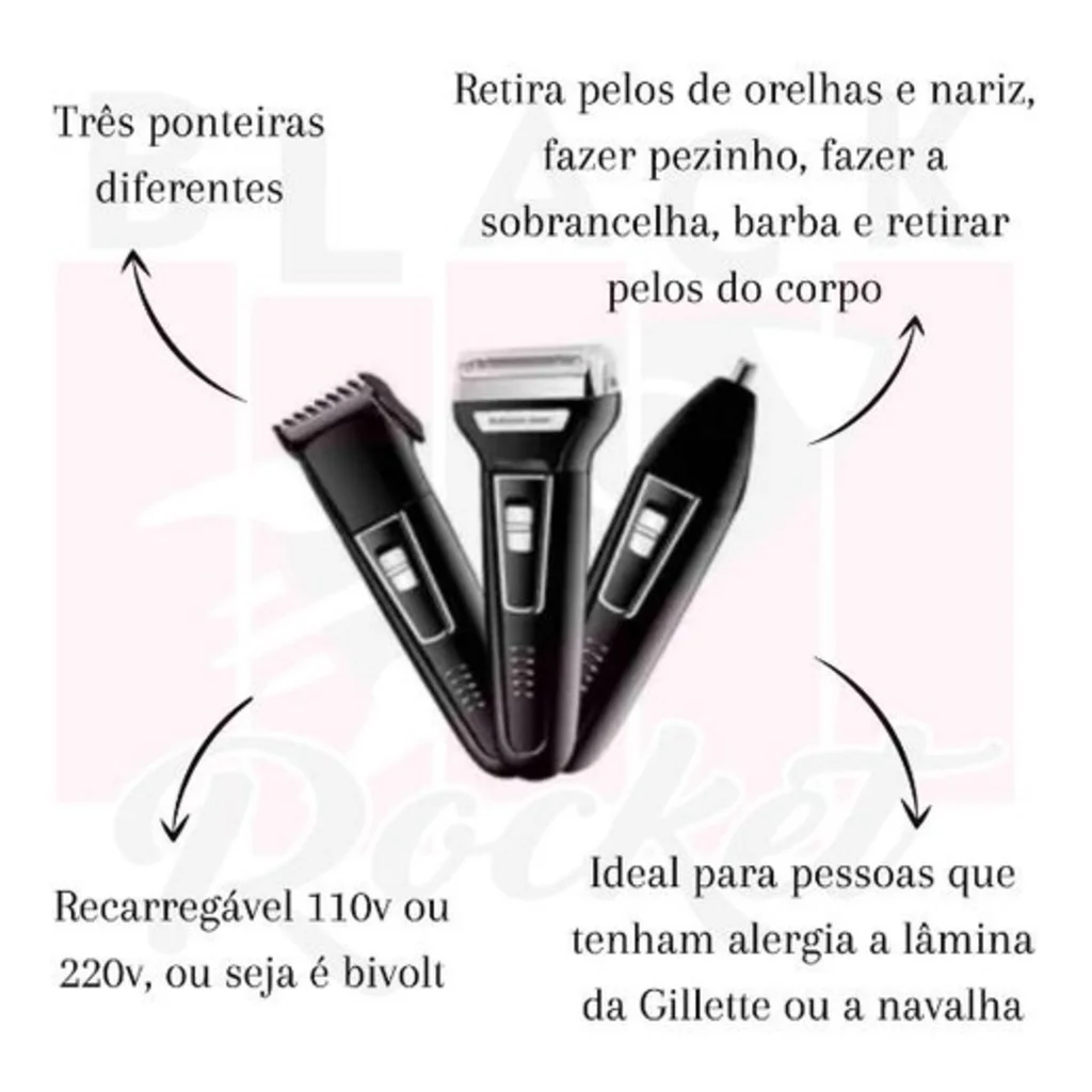 Máquina Barbear Shaver 3 Em 1 KM-6558 Nariz Barba Pelos e Corpo