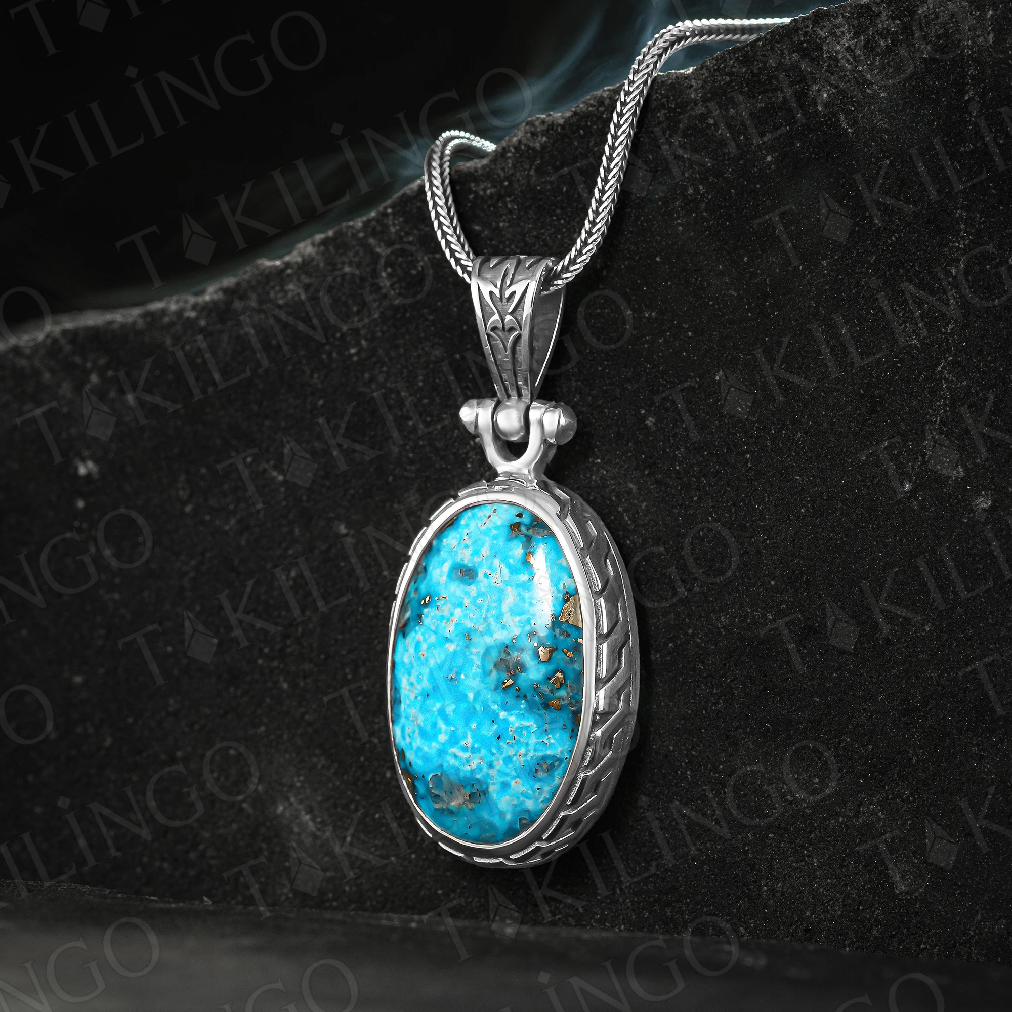 

Men's S925 Sterling Silver Handmade Oval Original Big Turquoise Necklace, December Birthstone, Natural Stone Necklace, Gift Jim