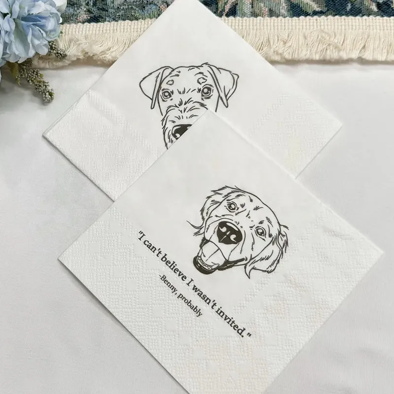 50pcs Customized Pet Wedding Napkins,Personalized Cocktail Pet Napkins, Illustrated Dog Napkins,Pet Portrait Cocktail Napkins