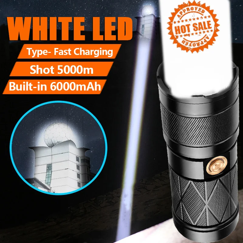 

6000 Meters Long Shot LED Flashlight Built-in 6000mah Type-C Rechargeable Spotlights 1000000LM White LED Tactical Flashlights