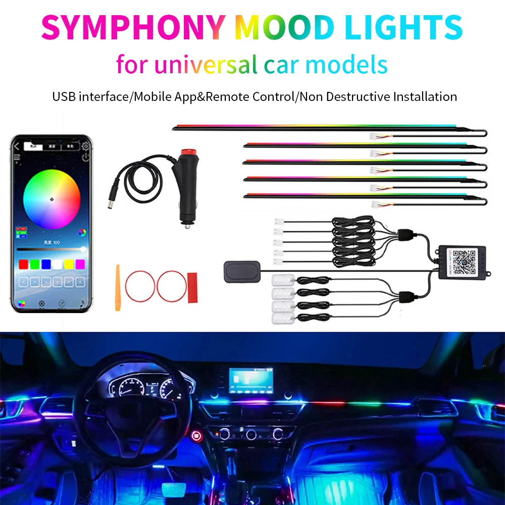Streamer a colori Luci ambientali per auto Interfaccia USB RGB Telecomando/Controllo vocale Luce al neon per auto Kit striscia decorativa per interni