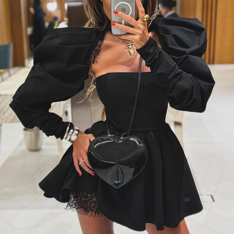 SKMY 2024 New Short Dresses Women Clothing Sexy Hollow Out Backless Long Sleeve A-Line Black Dress Elegant Party Clubwear