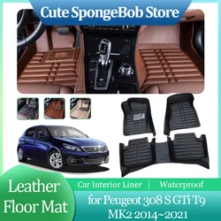 Car Leather Floor Mat for Peugeot 308 S GTi T9 MK2 2014~2021 2015 Anti-dirty Foot Liner Waterproof Pad Carpet Custom Accessories