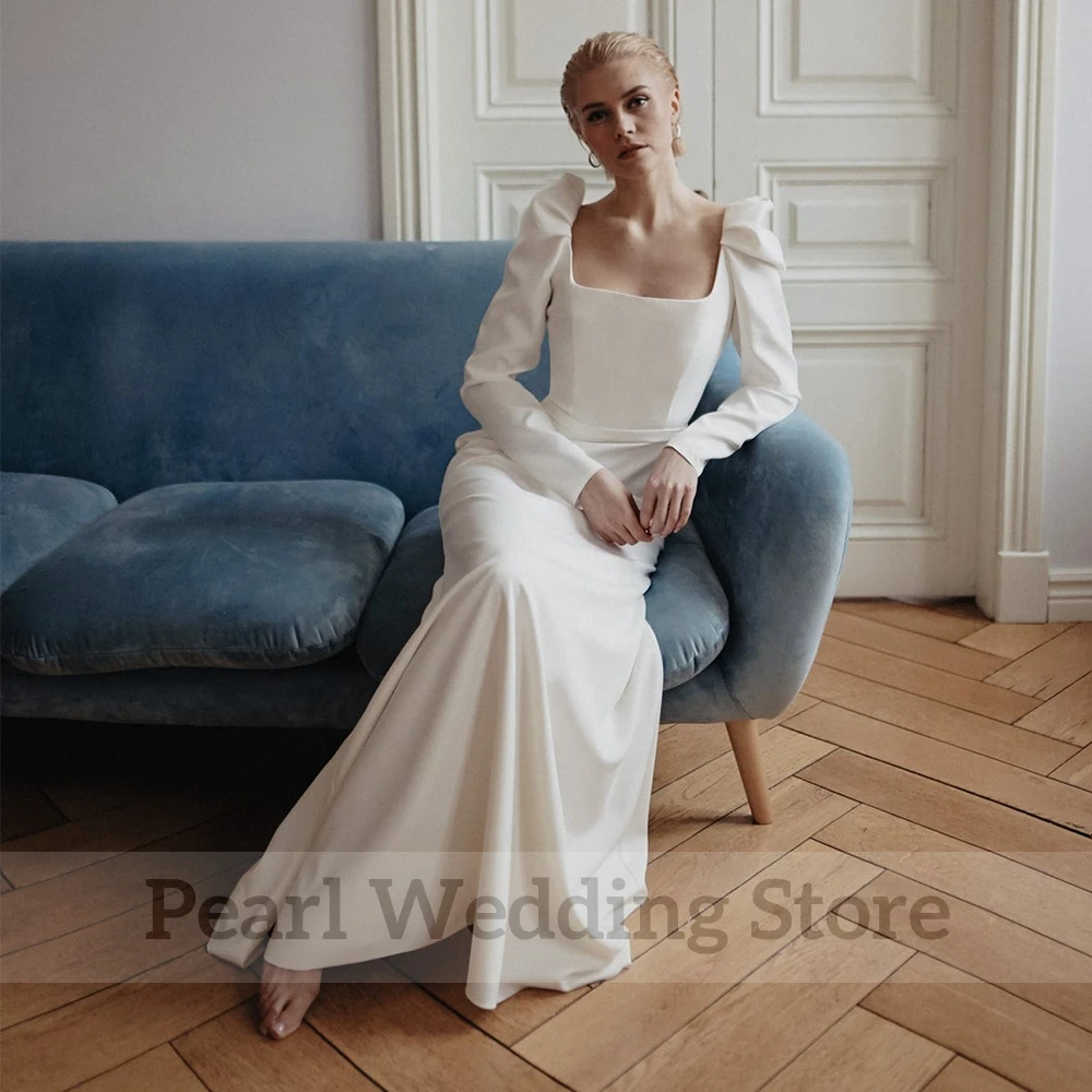 Simple Square Collar Long Sleeve Wedding Dress Sexy Open Back Straight Floor Length Bridal Civil Marriage Custom Made Gowns