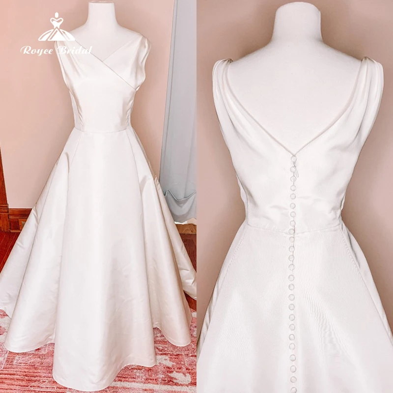 

Simple Princess A-Line Wedding Dress Custom For Women Bride Gown Elegant V-neck Cap Sleeve Back Button Sweep Soft Satin Pleat