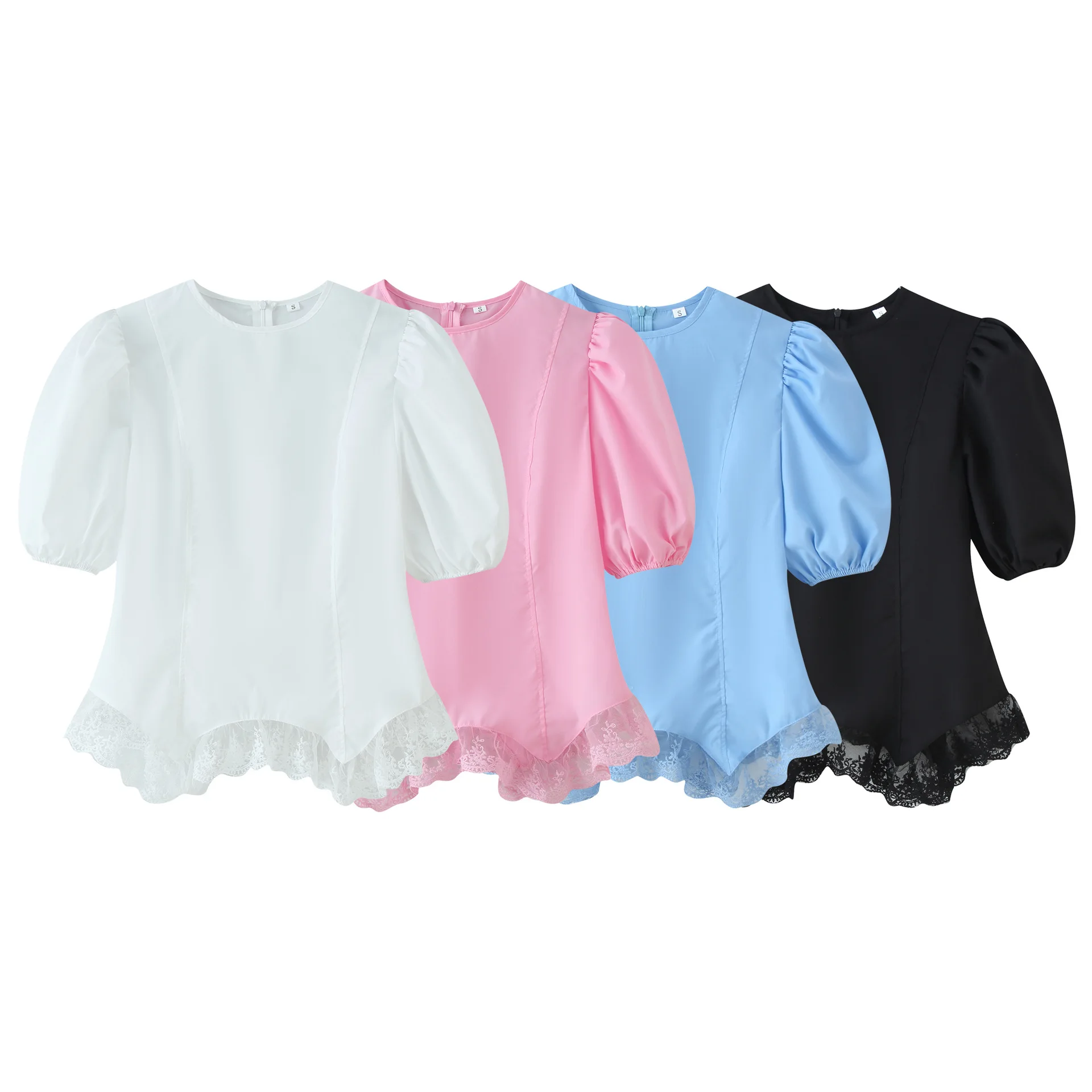 

Women Cute Short Puff Sleeve Tops Sweet O Neck Asymmetric Lace Mesh Patchwork Shirt Chic Slim Bodycon Blouse Summer 2026