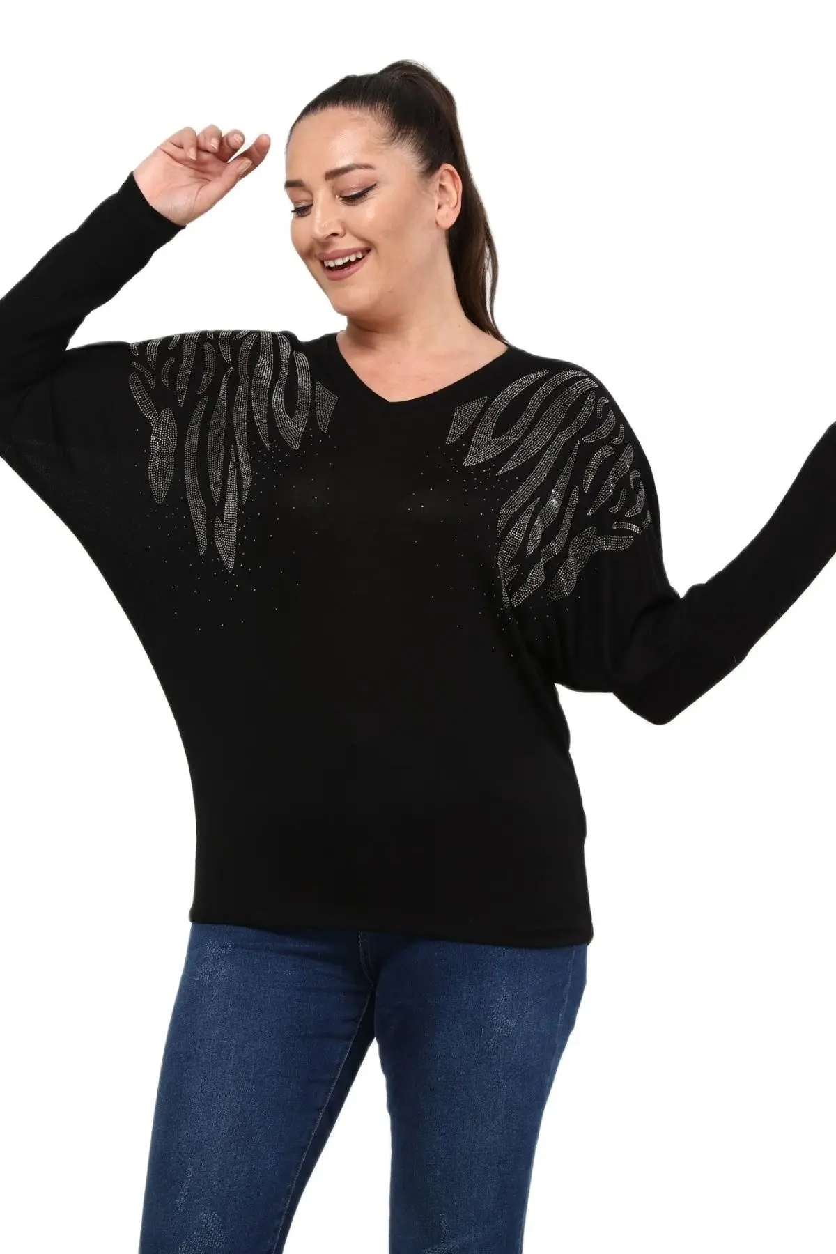 Women’s Plus Size Black Blouse V-Neck Bat Arm Silver Stone Detail, Designed and Made in Turkey, New Arrival