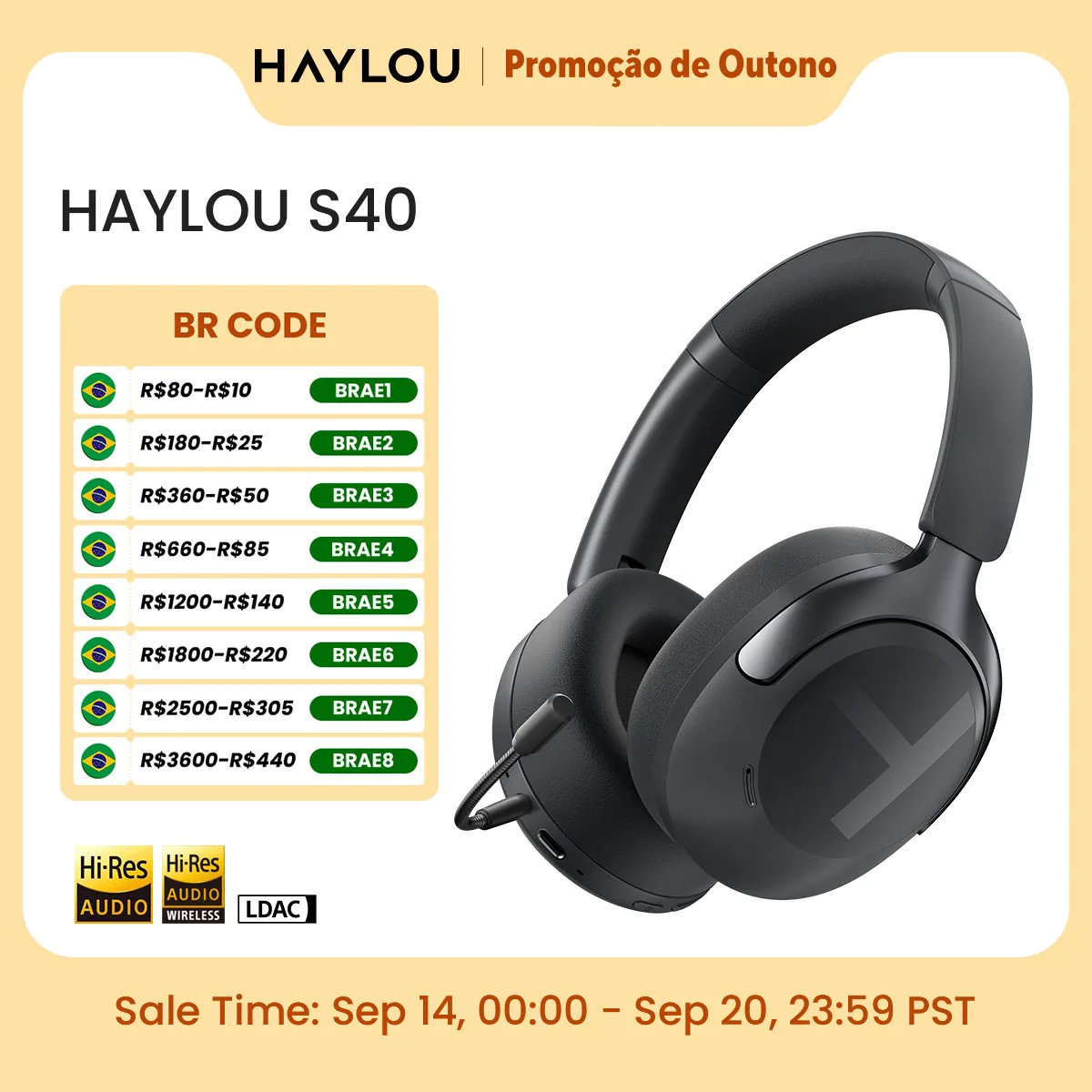 Fone de Ouvido Sem Fio HAYLOU S40 ANC com Cancelamento de Ruído de 50dB, Áudio Espacial 3D de Alta Resolução, Fone de Ouvido Bluetooth 6.0 Over Ear
