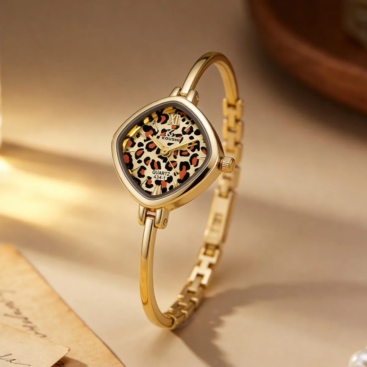 KAIRIS Women's Quartz Watch Leopard Print Dial Gold Tone Bangle Bracelet Fashion Elegant Wristwatch