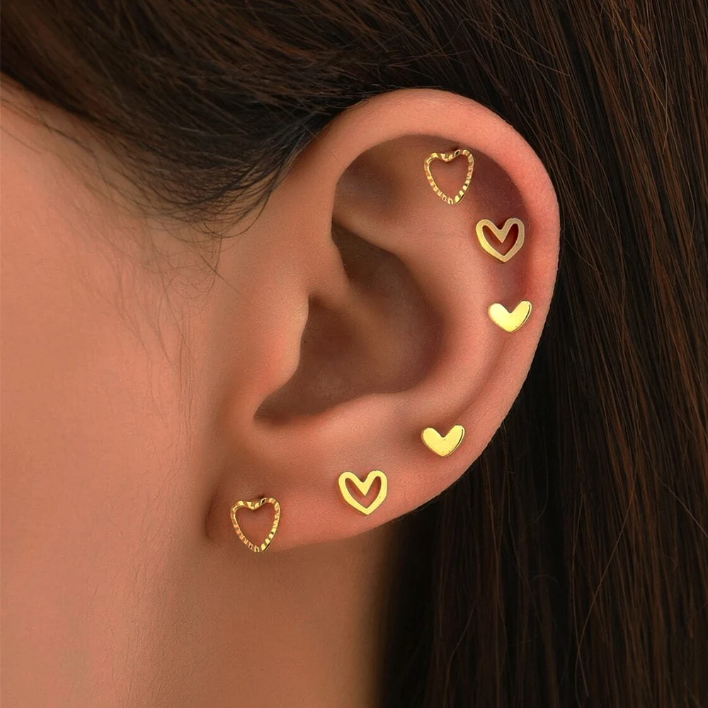 6pcs Set Tiny Love Heart Stud Earrings for Women Fashion Gold Color Metal Hollow Out Daily Wear Cartilage Piercing Ear Jewelry