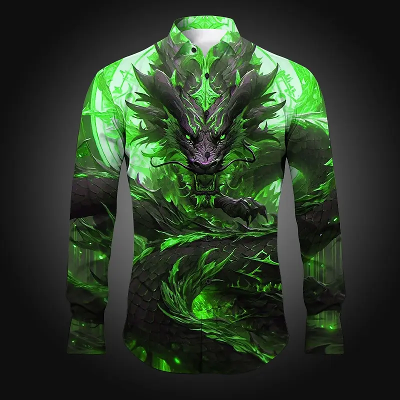 Men\'s Casual Spring and Summer Long Sleeve Lapel Multicolor Dragon Series 3D Digital Printing Four-Way Stretch Fabric