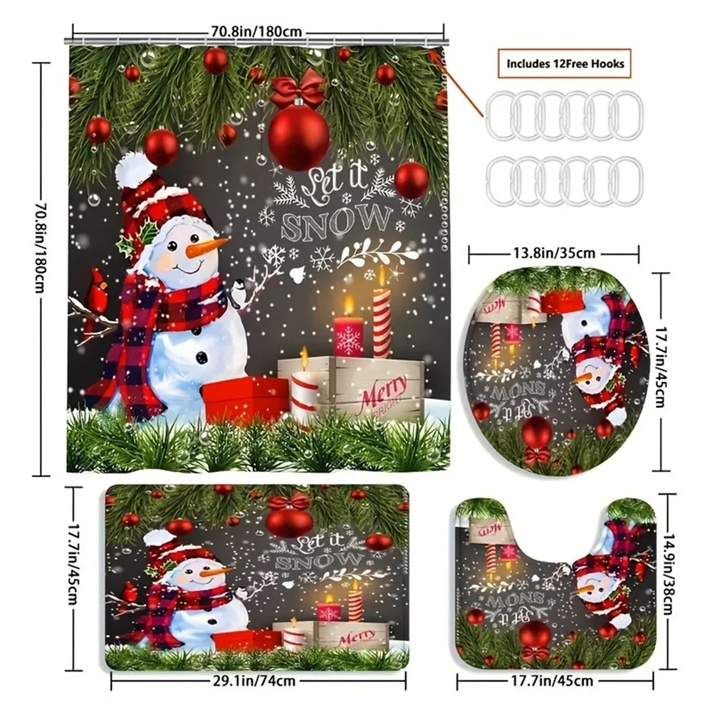 4pcs Christmas Snowman and Candle Shower Curtain Set, Decorative Bathroom Set, Including Waterproof Shower Curtain, Non-slip Rug