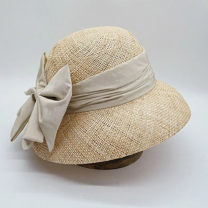 Womens Downton Abbey Style Bucket Sun Hat Precious Straw Hat with Bow Cloche Summer Hat Beach Dressy Ladies Church Fedora Hat