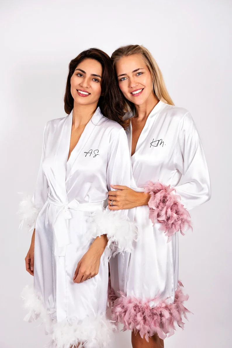 

Bride Satin Robe with Feathers Custom Bachelorette Bridal Party Wedding Bridesmaids Silk Robes Bride to be Outfits Dressing