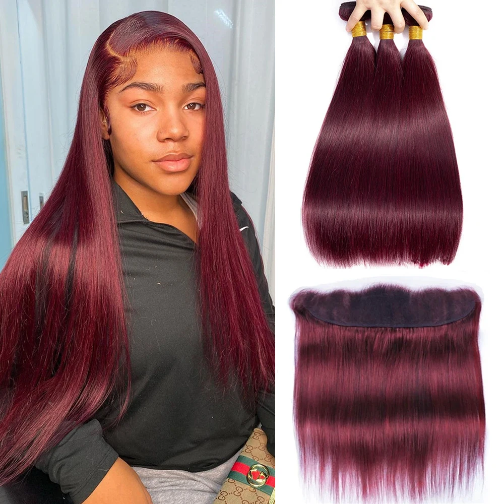 

99j Straight Human Hair Bundle with 13x4 Lace Frontal Wine Red 3 Bundles With Frontal Burgundy Human Hair Extensions For Women